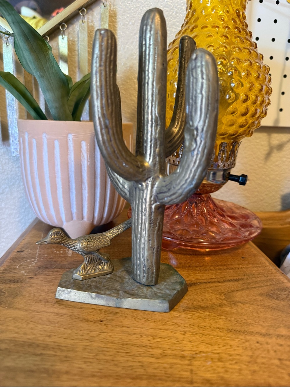 Vintage Brass Saguaro Cactus and Roadrunner Figurine